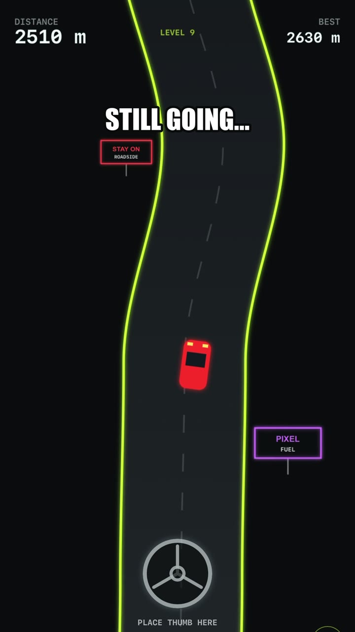 Stay On gameplay at level 9, the car threading a narrow neon road